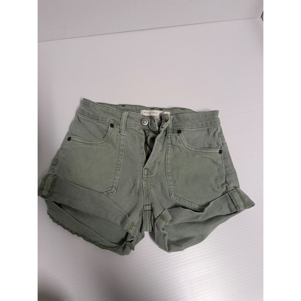 Altar'd State Sage Green Denim Cuffed Utility Shorts Size 25 Raw Hem Summer